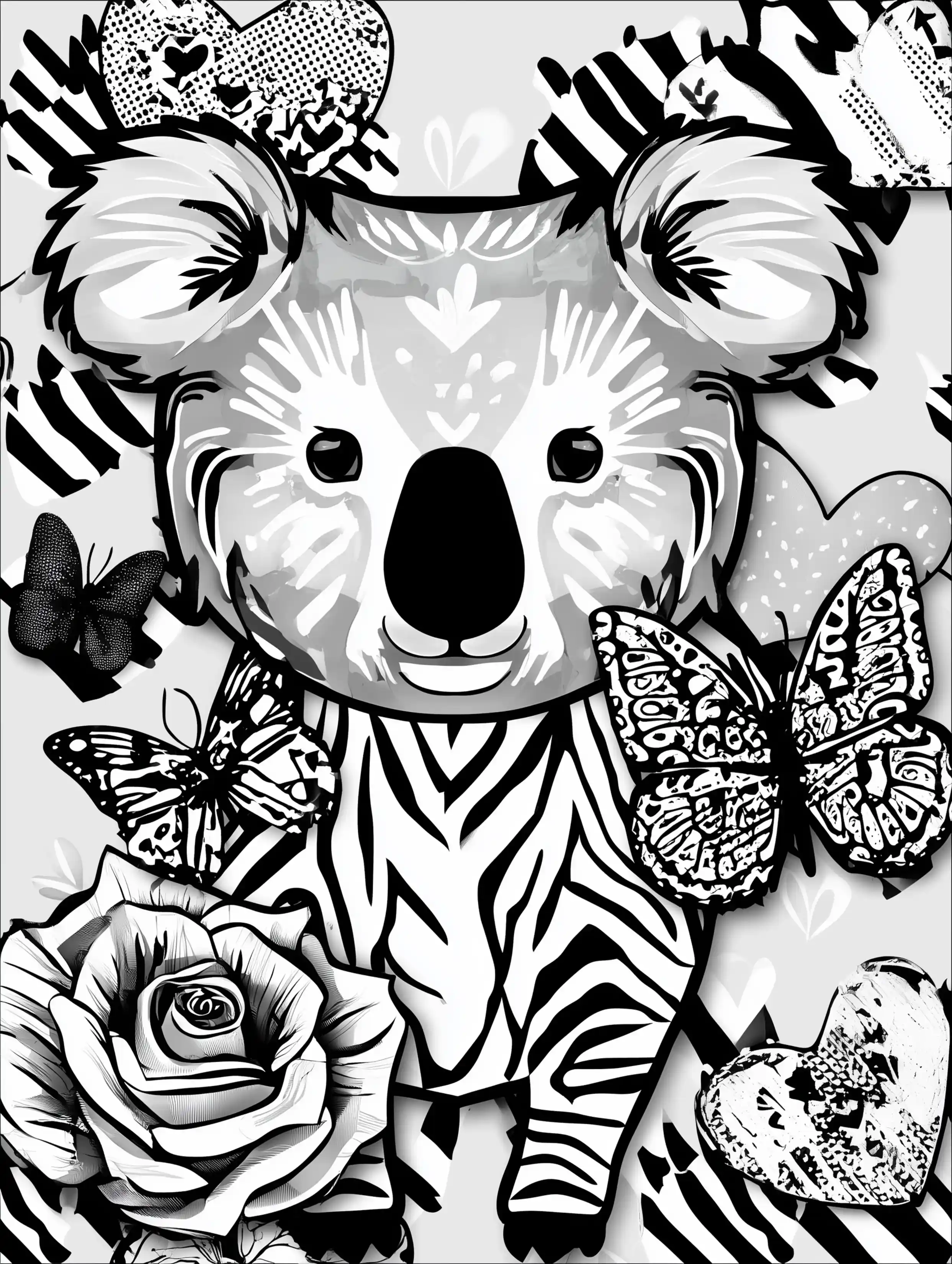 Free printable zoo coloring sheet featuring a koala with butterflies